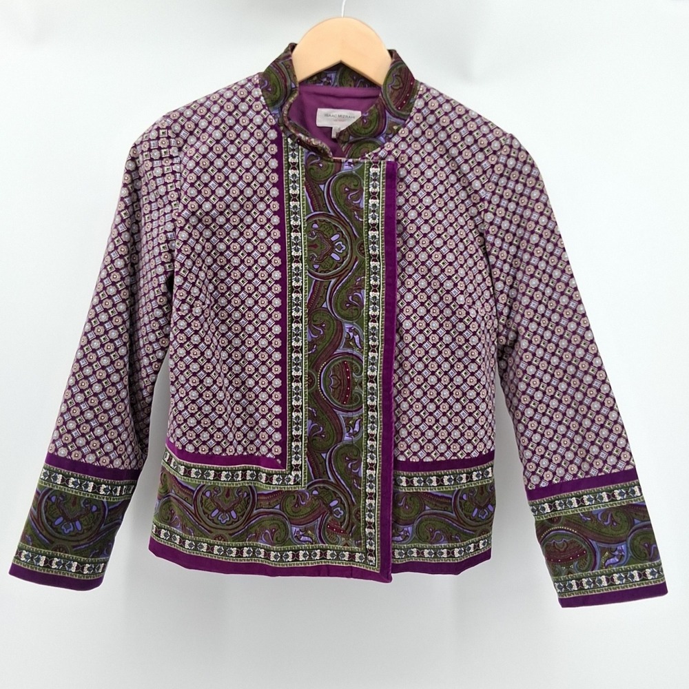 Isaac‎ Mizrahi Purple Velvet Jacket Sz S Paisley Mandarin Collar Regency Fairy